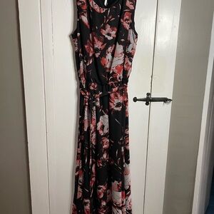 JBS Floral Chiffon Midi Sleeveless Fit & Flare Black Dress with Red-Pink Accents